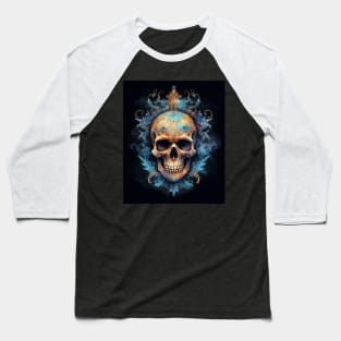 Skull on Blue Fire: Baroque Vintage Ornament Background Baseball T-Shirt